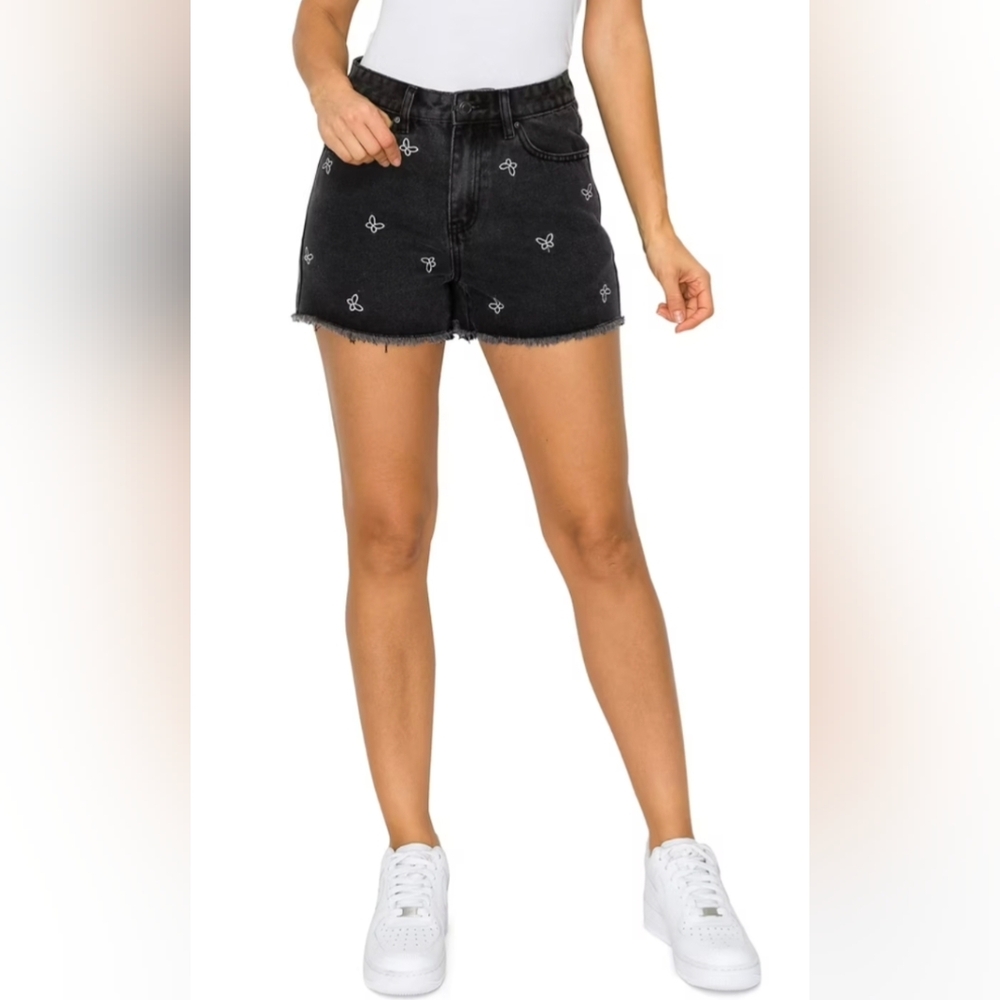 Khaki & Blue Black Denim Short Shorts Butterfly Embroidered